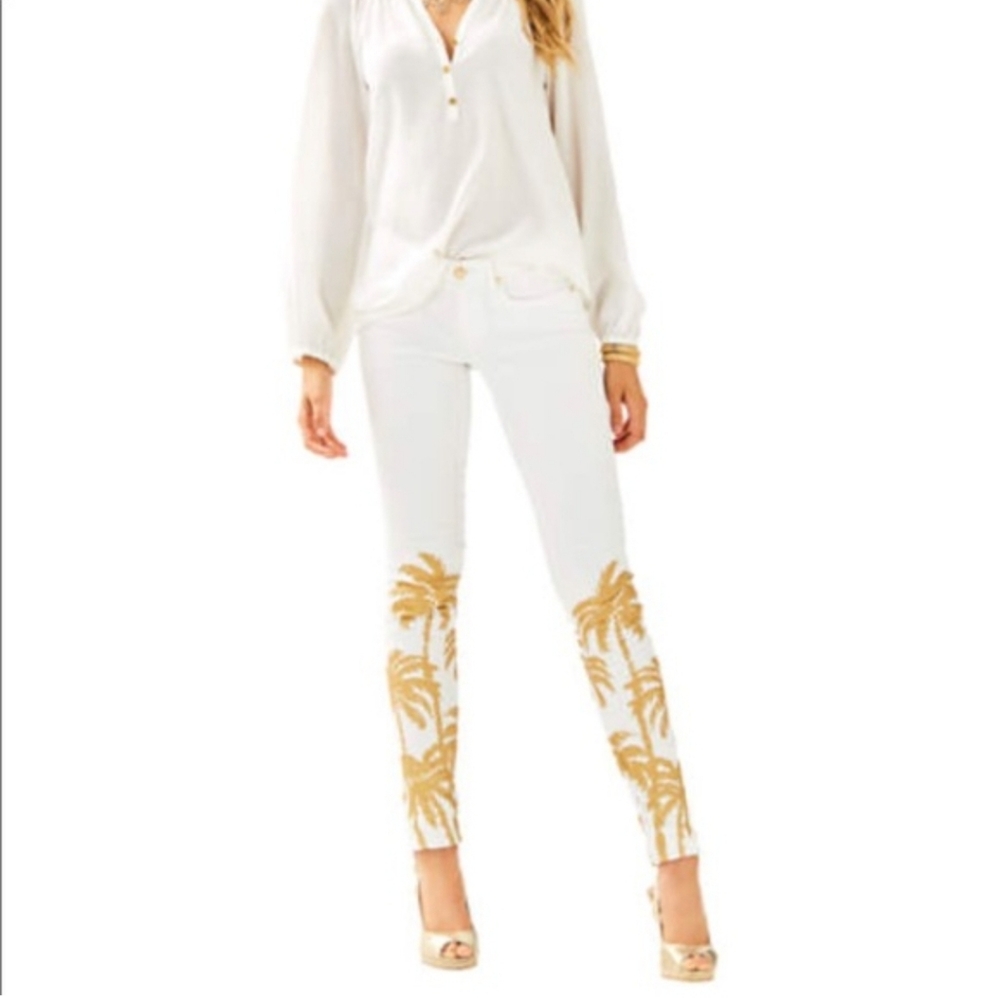 Lilly Pulitzer South Ocean Skinny Jeans‎ Gold Metallic Desert Palm (A18)